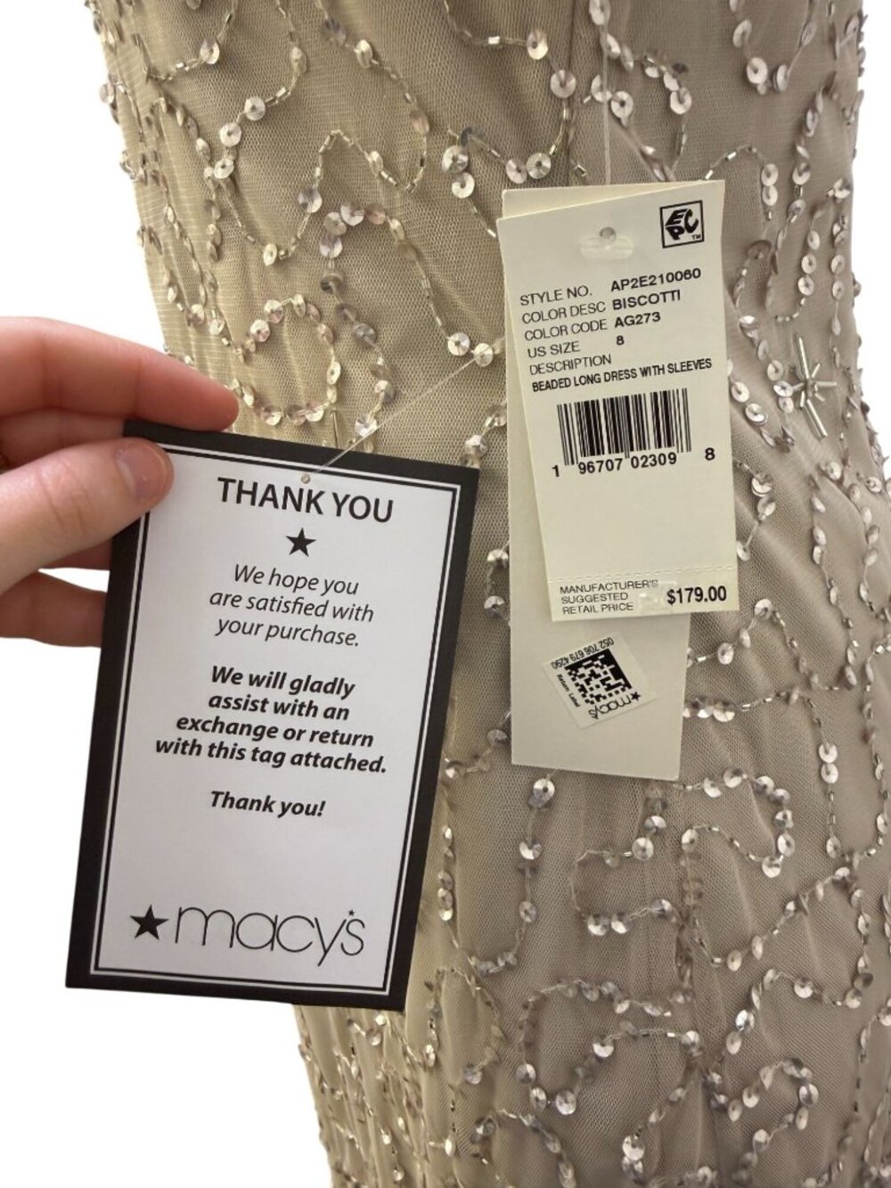NWT Adrianna Papell Beaded Long Dress With Sleeves Cream Size 8 - Picture 6 of 7